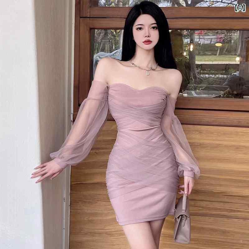 レディース ワンピース セクシー 純欲 気質 網? 切り替え 長袖 包臀 ドレス 短丈 泡泡袖 一字領 低腰 プリーツ 修身 春季 ?? ポリエステル 接触冷感 軽量 伸縮性 私服 かわいい ピンク系 ブラック アイボリー 通勤用 普段使い