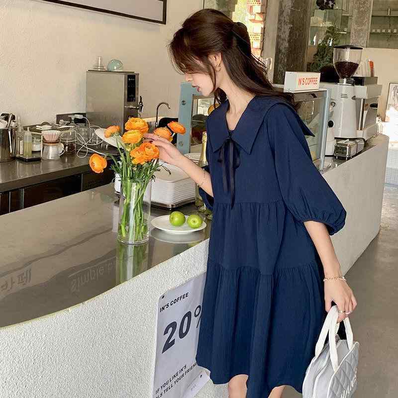 ワンピース 女性用 夏 短袖 Aライン 膝丈 スカート ドールカラー 泡泡袖 蝶結 リボン デザイン ゆったり ルーズ フィット 復古 スタイル ストリート ファッション ナビー ブルー ライト ブルー ベージュ ブラック ポリエステル 素材 かわいい