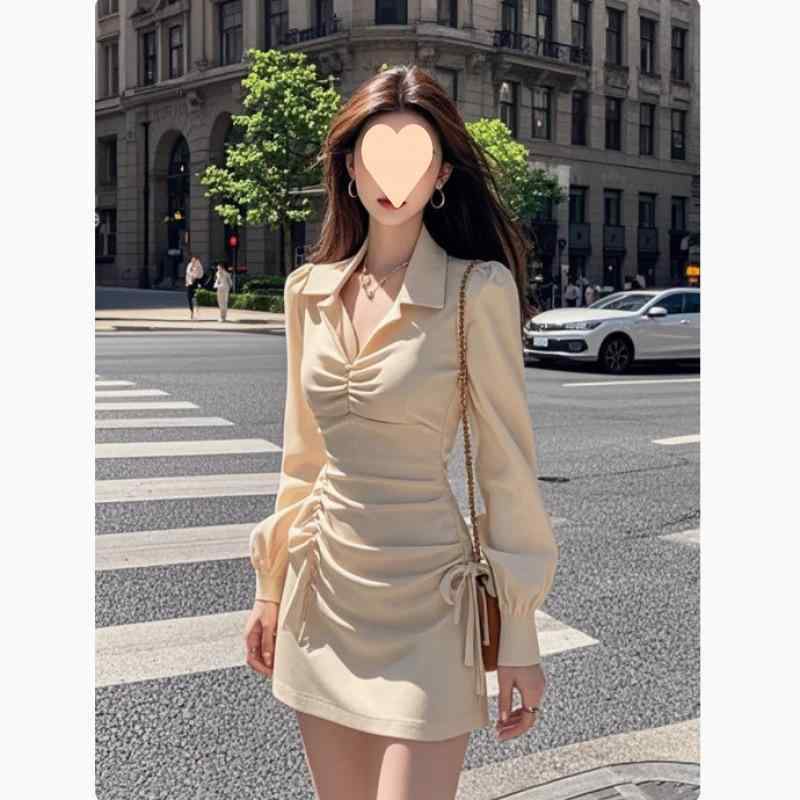 ワンピース 女性用 秋 長袖 泡泡袖 斜肩 切り替え 包みスカート 収腰 フレア プリーツ 気質 デザイン ストリート かわいい 杏色 綿素材 伸縮性 軽量 通勤 普段使い
