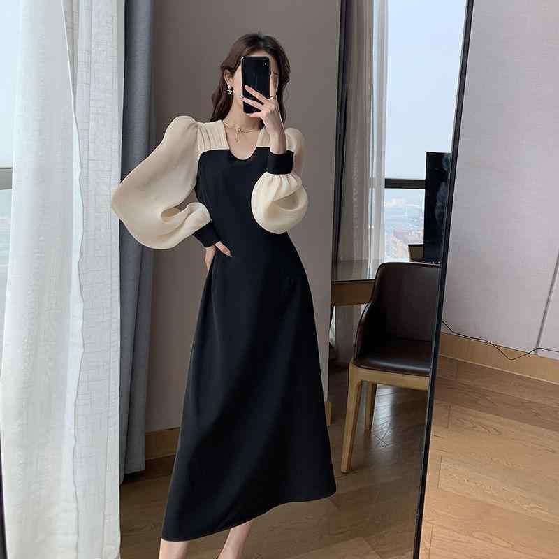 ワンピース ロング丈 黒 Vネック 長袖 泡泡袖 フレンチ レトロ ウエストマーク スリム デザイン 切り替え スカート 街頭スタイル メッシュ素材 チュール ネット 春季 単品 セットアップなし 純色 プリント加工 平面 ミッドウエスト トレンド ファ
