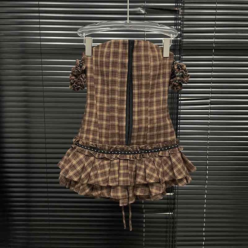 ワンピース レディース 春夏 格子柄 ストラップレス バイアス プリーツ フレア ミニ丈 コットン ブラウン 泡袖 短袖 中腰 一字領 修身 セクシー かわいい 甘辛 ミドル丈 吸湿速乾 軽量 伸縮性 私服 普段使い