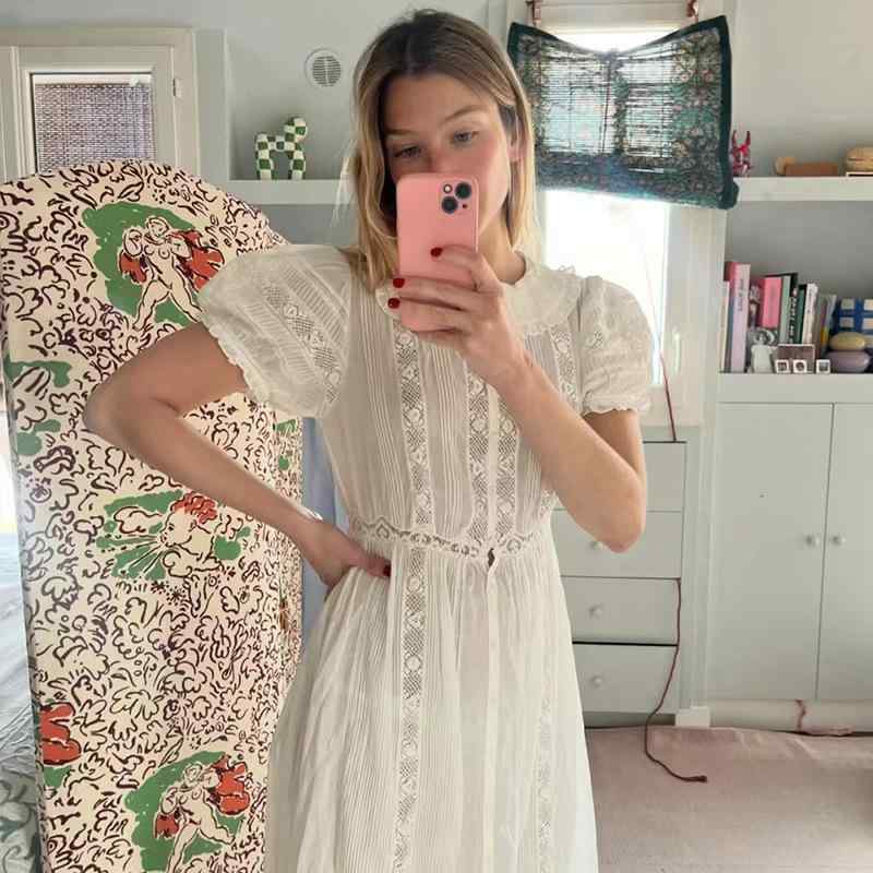 ワンピース レディース 春夏 森ガール フラワー柄 ロングドレス 仙女スカート フリル レース刺繍 ラウンドネック スタンドカラー パフスリーブ 短袖 ミドルウエスト シングルボタン 開襟 軽量 通気性 かわいい 清新 甘め スタイル 女性用 トップス