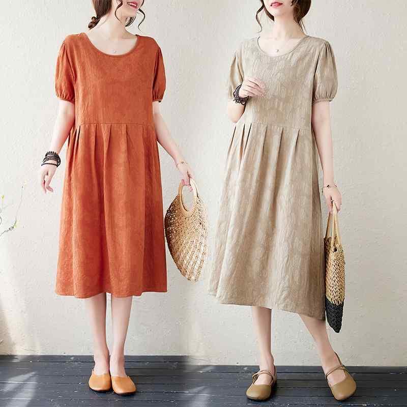 ワンピース 女性用 夏 春夏 ぽっちゃり ゆったり ルーズ スリム ミドル丈 織柄 ラウンドネック コットン 麻 混紡 泡泡袖 短袖 Aライン ポケット ゆったり腰回り かわいい 復古 快適 カジュアル スタイル 橘色 ミルクティー色 ブルー 吸湿速乾