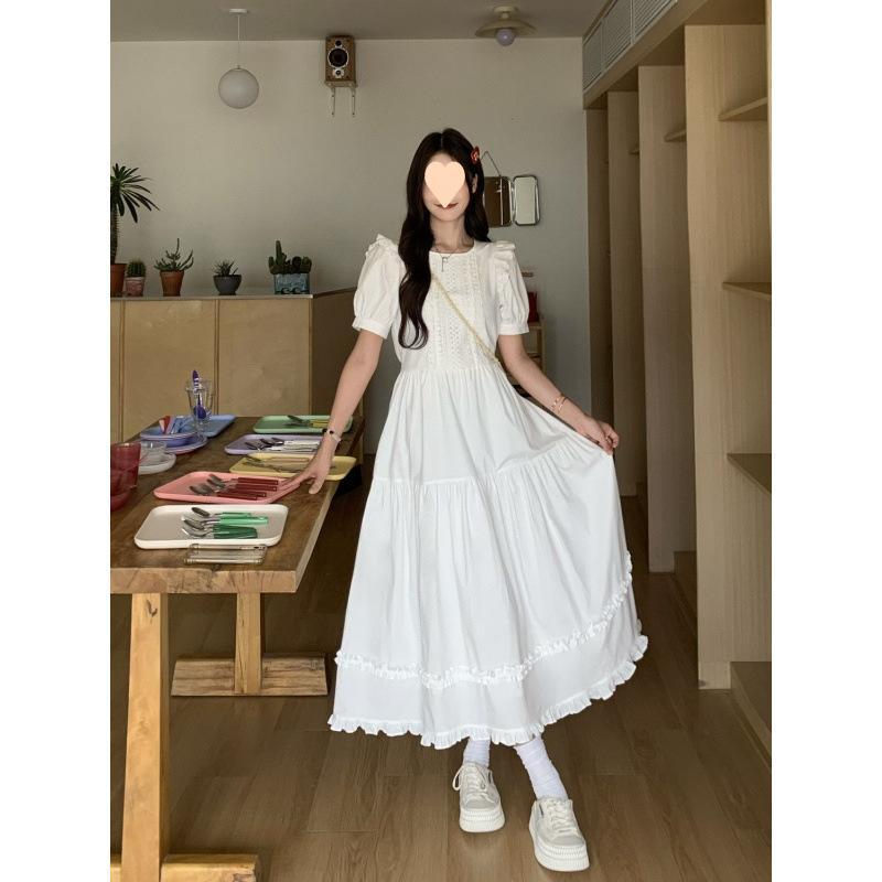 ワンピース レディース 秋 かわいい 泡泡袖 フレンチスタイル 優しい風合い 花柄 レース スカート 仙女スカート 斜肩 デザイン 中長丈 短袖 立襟 切り替え 中腰 ハイウエスト スリム 効果 気質 抽象 プリント モダール 繊維 混紡 接触冷感 軽量