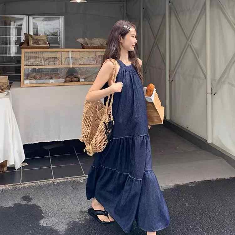 ワンピース 女性用 ハンギングネック デニム ロングドレス 夏 接触冷感 タイダイ柄 無袖 ハイネック ミドルウエスト Aライン フレアスカート ゆったり スリム効果 かわいい 軽量 伸縮性 吸湿速乾 再生繊維 ポリエステル ミックス ボヘミアン ヴィン 4,327円