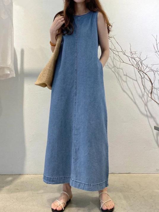 ワンピース 女性用 夏 無袖 丸首 ゆったり Aライン 中長丈 ポケット 綿 切り替え デニム 気質 通勤 ブラック ネイビー ライトブルー 吸湿速乾 軽量 カジュアル