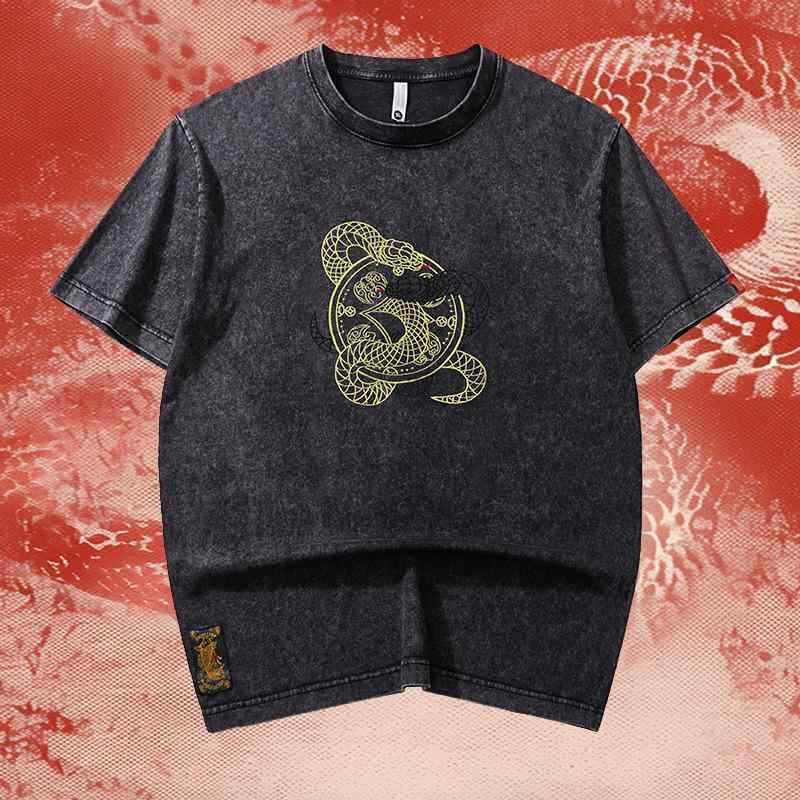 T シャツ メンズ 春夏 短袖 綿 刺繍 切り替え 蛇柄 中国風 赤 緑 黒 耐磨 軽量 日常使い ゆったり トップス 赤いTシャツ 緑のTシャツ 黒いTシャツ