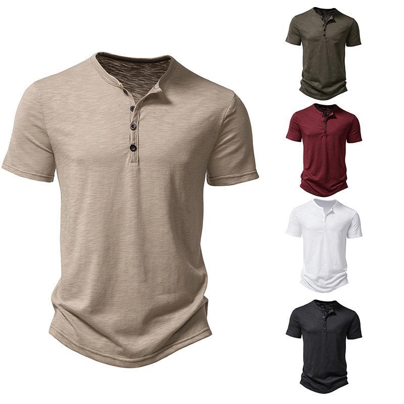 メンズ 短袖 Tシャツ 竹節綿 素材 立領 ヘンリーネック ゆったり ルーズフィット ボタン 装飾 切り替え デザイン 無地 シンプル スタイル 日常 使い 通勤 普段着 軽量 通気性 吸湿速乾 夏 シーズン ホワイト ブラック ワインレッド カーキ ミ