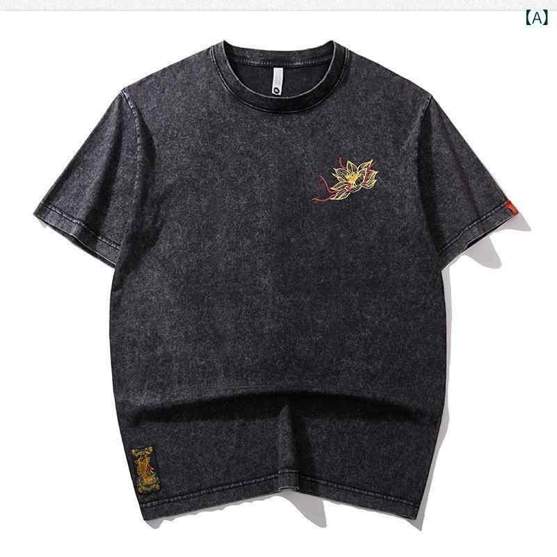Tシャツ メンズ 短袖 刺繍 ロータス デザイン 国風 風 ワイド ルーズ フィット 丸首 薄手 コットン 素材 ブラック 通気性 吸湿性 速乾 機能 春夏 秋冬 通年 対応 トップス ベースレイヤー 普段使い 青年向け オリジナル デザイン