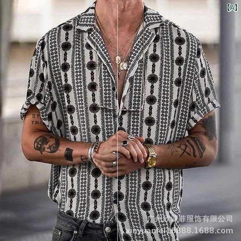 メンズ シャツ ハワイアン トップス 短袖 開襟 翻領 ゆったり シルエット 印花 ポルカドット 柄 透気性 防皺 吸湿 速乾 防汚 色牢度 高 ポリエステル 混紡 深灰色 軽熟 カジュアル スタイル 青年向け 普段使い ビーチ ウェア 通年