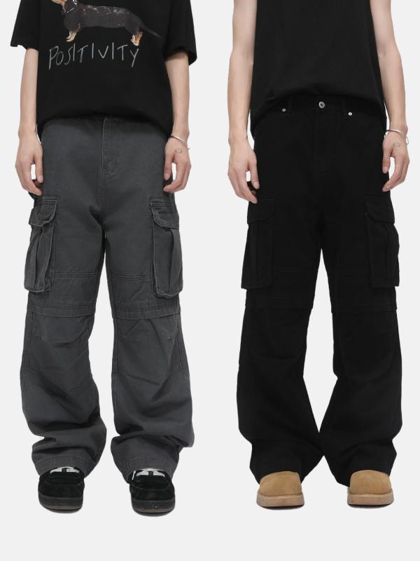 メンズ デニムパンツ 綿 素材 ストレート シルエット ミッドライズ ジップフライ ゆったり フィット 多ポケット デザイン グレー ブラック カラー 日常使い 青年向け 長丈 無伸縮 通年使用