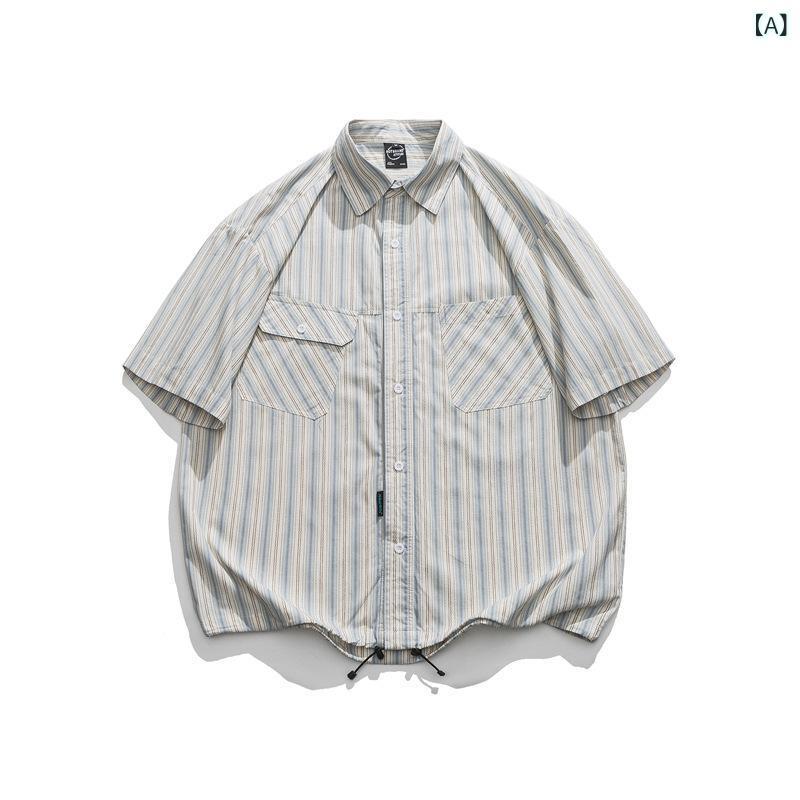 メンズ プルオーバー トップス 半袖 短袖 開襟 翻領 縞模様 柄 綿 原料品 96%以上 ゆったり 濫りがわしい 填まる 夏 春夏 時節 白いこと 色合い 衣嚢 かざり付ける 青二才 向け 公休日 心地よい 日常 使い走り 軽さ 通気性 吸湿速乾 役立つこと 日系 ビンテー