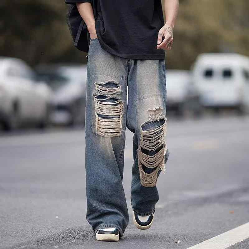 メンズ デニムパンツ ビンテージ 破れ 加工 ワイドレッグ ストレート ロング 黒 紺 色 ストレッチ コットン混 ポリエステル 混紡 素材 ミドルライズ ジップフライ ウォッシュ加工 アイロン不要 加工 ゆったり シルエット カジュアル 普段使い スト