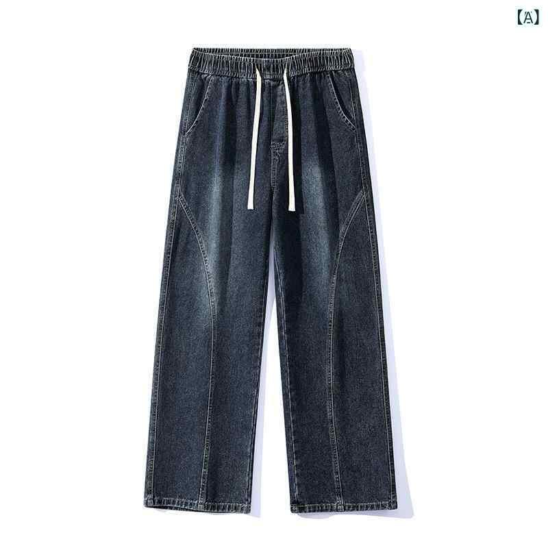 メンズ 牛仔パンツ 秋冬 ストリート ファッション ゆったり シルエット ミッドライズ ドローストリング ウエスト ロングレングス コットン 素材 洗い加工 ヴィンテージ 加工 ストレート レッグ 口袋 装飾 切り替え デザイン 無伸縮 ミディアム 厚み