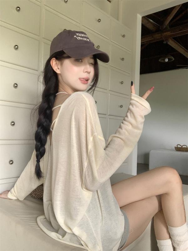 Tシャツ レディース 夏 防晒 薄手 透け感 ロングスリーブ ラウンドネック ルーズフィット 切り替え デザイン オープンバック 軽量 吸湿速乾 ブルー ベージュ ブラック ホワイト 日韓カジュアル トップス 普段使い