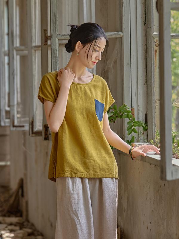 秋冬 レディース トップス 接触冷感 苧麻 混紡 短袖 Tシャツ 丸首 ゆったり シルエット スリム 効果 切り替え デザイン 純色 砂洗い加工 ライト ウェイト 吸湿速乾 機能 部屋着 普段使い かわいい スタイル 向日葵色 抹茶色 ベージュ系 ユニセ