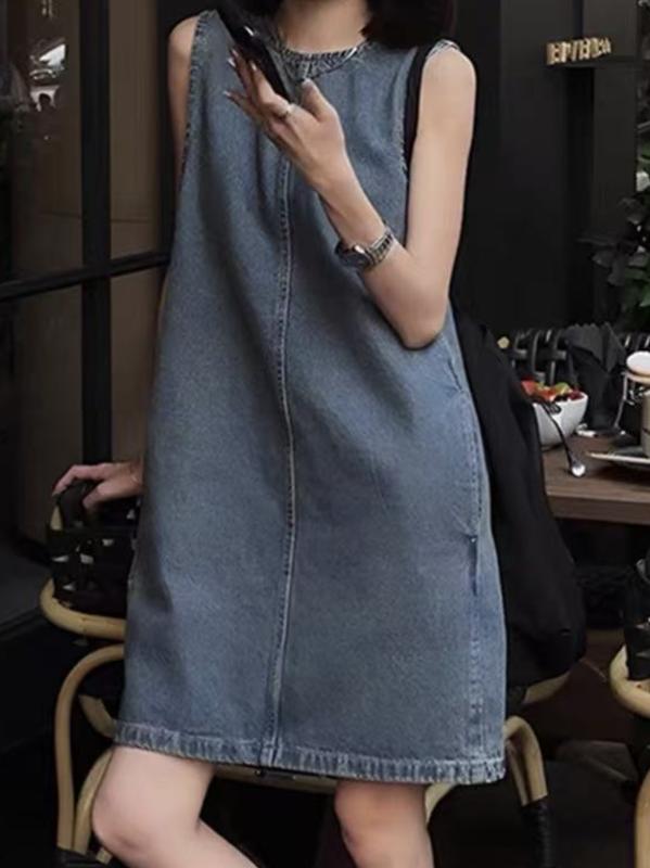ワンピース 女性用 夏 無袖 背中開き デニム コットン ポリエステル ハイウエスト Aライン 短丈 ルーズフィット スリム効果 セットイン クルーネック 日韓カジュアル ブルー 純色 切り替え 軽量 通勤 普段使い 伸縮性 吸湿速乾 ビッグシルエット