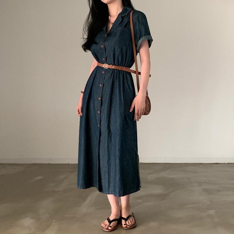 ワンピース 女性用 春夏 韓国風 フレンチスタイル 復古 ポロカラ 短袖 デニム ロングドレス Aライン 収腰 コットン ライトブルー ダークブルー 気質 優雅 軽量 伸縮性 普段使い 通勤