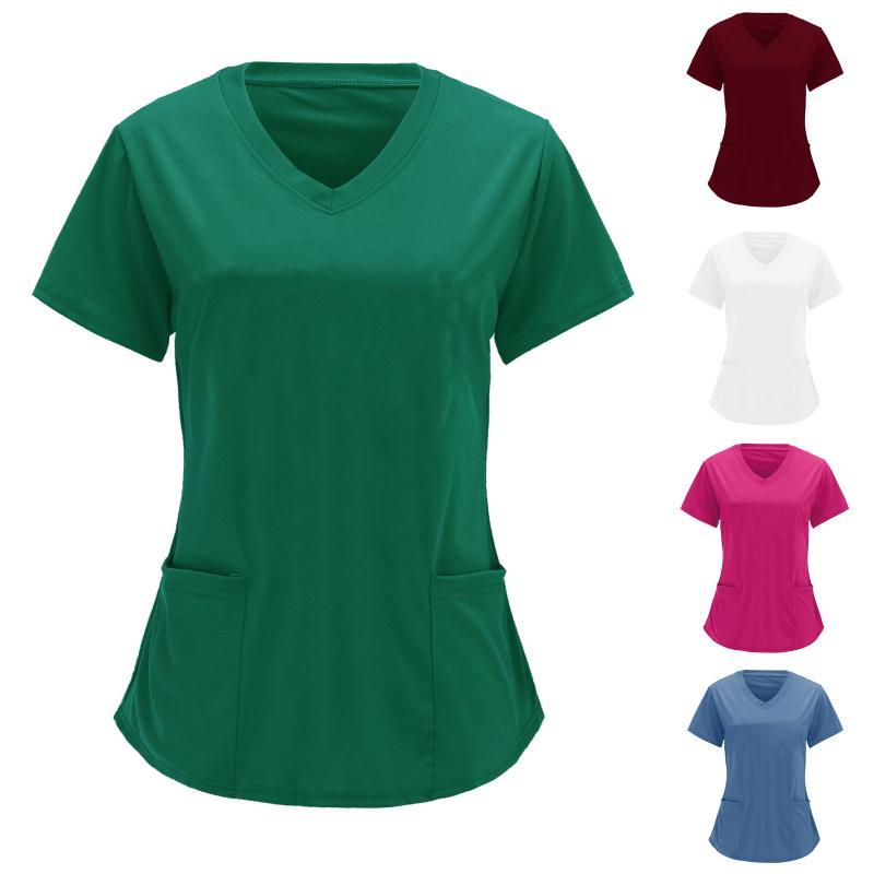 Tシャツ 女性用 看護師風 仕事着 純色 Vネック 大ポケット 短袖 トップス ゆったりシルエット 中長丈 ポリエステル ストレッチ素材 接触冷感 吸湿速乾 快適レジャー グリーン ローズレッド ホワイト ブラウン デニムブルー ピンク ライトブルー ネ