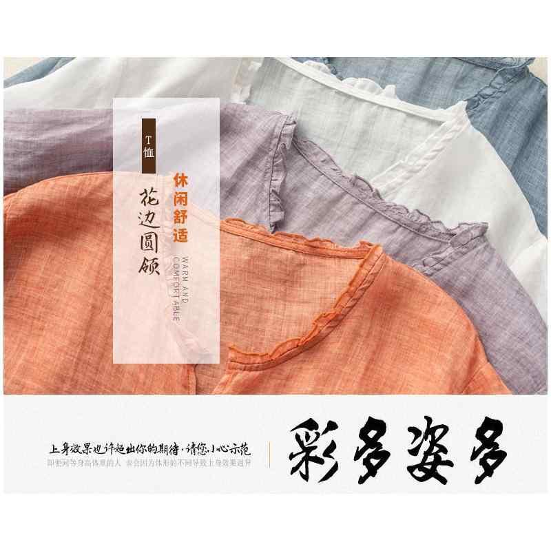 Tシャツ 女性 短袖 Vネック 綿麻 刺繍 木の葉柄 木耳エッジ プリーツ ルーズフィット 大きいサイズ 通気性 薄手 夏 春夏 ブルー オレンジ パープル ホワイト 普通丈 セットインスリーブ 民族風 芸術レトロ 再生繊維 吸湿速乾 かわいい 軽量