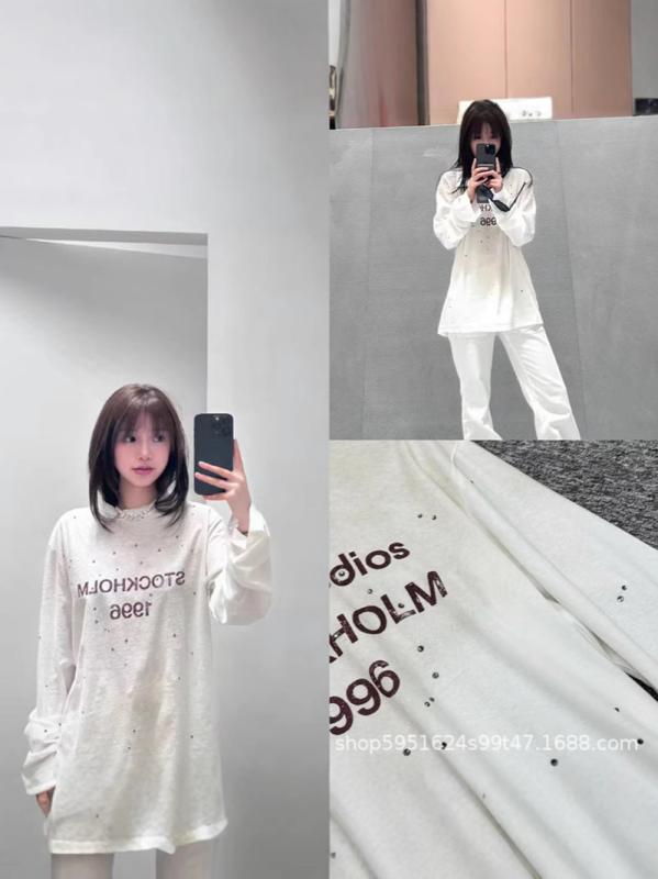 Tシャツ レディース 春夏 長袖 綿 接触冷感 トップス 切り替え デザイン ヒョウ柄 プリント ビーズ刺繍 復古 スタイル ゆったり シルエット ラウンドネック 袖 日常使い カジュアル ファッション ホワイト ピンク グレー ブラック｜イーマイショップ