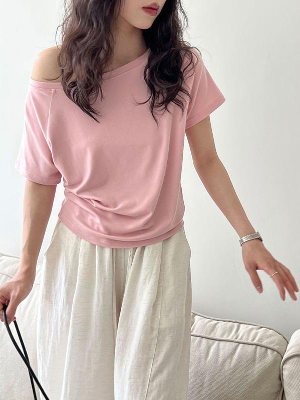 Tシャツ レディース 夏 韓国風 シンプル 斜め一文字肩出し 短袖 ワイドシルエット 綿混 伸縮性 接触冷感 切り替え デザイン かわいい 純色 ブラック ホワイト ピンク 普段使い 軽量 吸湿速乾 通勤 カジュアル