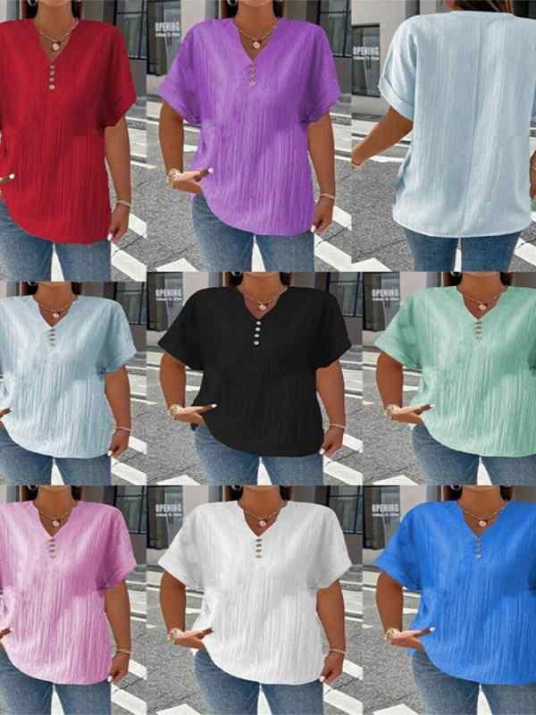 Tシャツ 女性用 春夏 Vネック ボタン 短袖 ゆったりシルエット 切り替え 綿混 伸縮性 接触冷感 通勤 普段使い 気質 快適 ホワイト ブラック レッド ブルー パープル ピンク ライトブルー グリーン