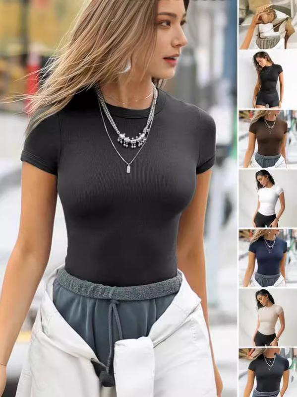 レディース Tシャツ トップス 短袖 修身 ローカット 伸縮性 粘膠繊維 スパンデックス フランスローテクスチャー 切り替え 加工 丸首 通常袖 街頭スタイル カジュアル 普段使い 快適 杏色 コーヒー ブラック ネイビー ホワイト