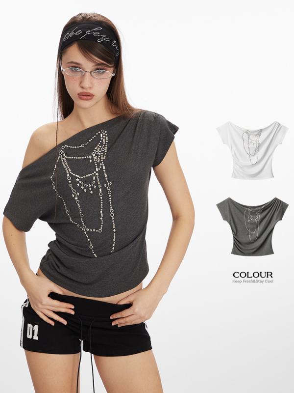 Tシャツ レディース 短袖 斜め襟 ワンショルダー 短丈 トップス 切り替え プリント 接触冷感 粘着繊維 ストレッチ 花柄 チェーン柄 修身シルエット 街頭スタイル 欧米風 かわいい 花灰色 ホワイト 夏 春夏 通勤 普段使い アウトドア
