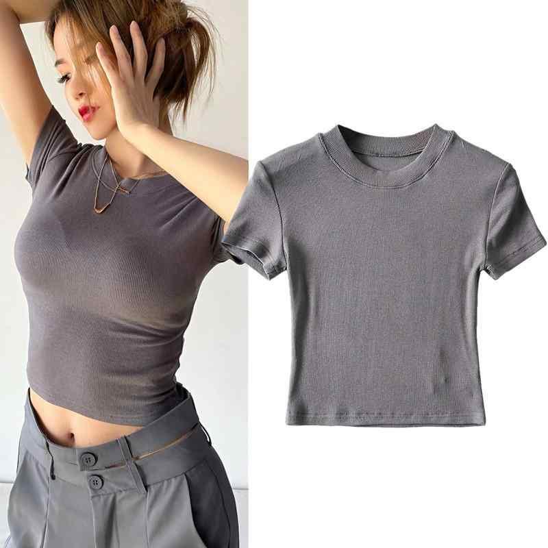 Tシャツ 女性用 短袖 クロップド ラウンドネック ハイウエスト 切り替え 綿混紡 ストレッチ 修身 スリムフィット 吸湿速乾 ブラック グリーン パープル ホワイト グレー ベージュ カーキ 春夏 スポーツ ストリート 普段使い 軽量 通勤 カジュアル