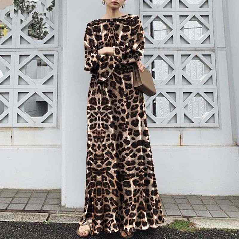 秋冬 ワンピース 女性用 ヒョウ柄 プリント ロング 膝下丈 フレア シルエット 長袖 ワンピースドレス 雪?素材 切り替えデザイン ポリエステル 生地 ラウンドネック イージー フィット ウェスト ギャザー 装飾 爽やか かわいい スタイル グレー 杏
