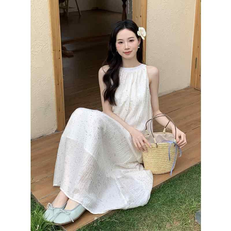 ワンピース レディース かわいい 仙女風 輝く 純色 ハングネック 紐 洋気 減齢 ゆったり ロングスカート 夏 雪絨 ポルカドット スパンコール セットアップなし Aライン ハイウエスト フリルスリーブ 短袖 ラメ ピンク系 杏色系 接触冷感 吸湿速乾