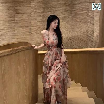 ワンピース 女性用 春夏 フレンチスタイル 気質 スリム Aライン ハングネック 無袖 Vネック ハイウエスト 系帯 花柄 ロングスカート 雪? ポリエステル 接触冷感 軽量 修身 ピンク 紫 緑 日韓カジュアル