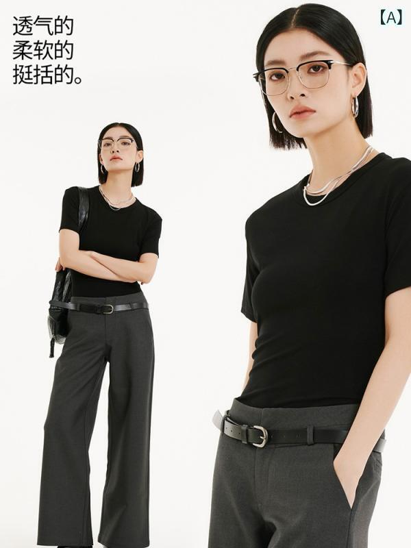 レディース 短袖 Tシャツ トップス 綿 モダール 合身 普通丈 小さめ丸首 街頭カジュアル 普段使い 伸縮性 吸湿速乾 ブラック ホワイト ブラウン グレー ピンク グリーン 春夏