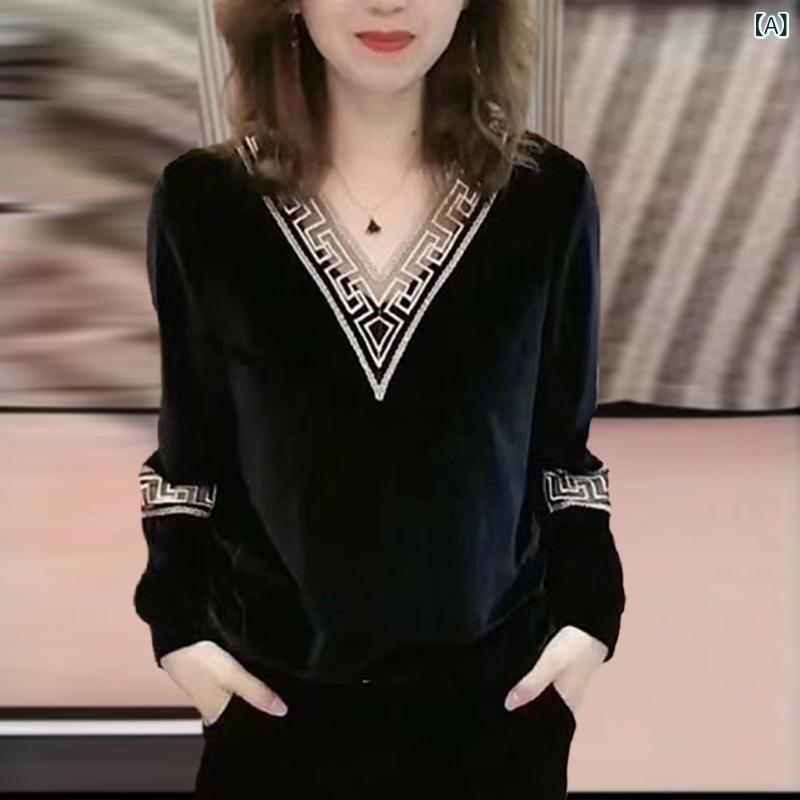 秋冬 トップス 女性用 プラスピアス ロングスリーブ Vネック ゆったりシルエット 気質 通勤用 普段使い 吸湿速乾 ポリエステル ブラック ワインレッド 切り替えデザイン 軽量 伸縮性 高級感 イージーケア
