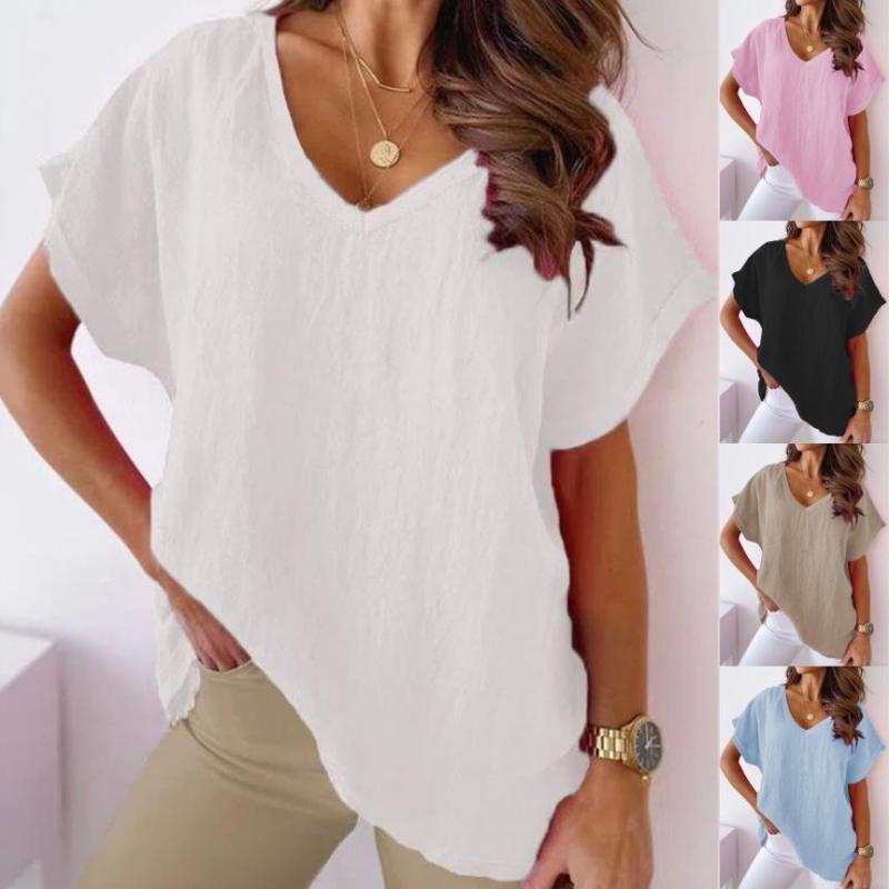 Tシャツ 女性用 大きいサイズ 綿麻 Vネック 蝙蝠袖 短袖 トップス ゆったりシルエット 中長丈 ワイドフィット 純色 切り替えデザイン 日常使い 軽量 通勤 カジュアル 春夏 秋 白 黒 カーキ ブルー ピンク
