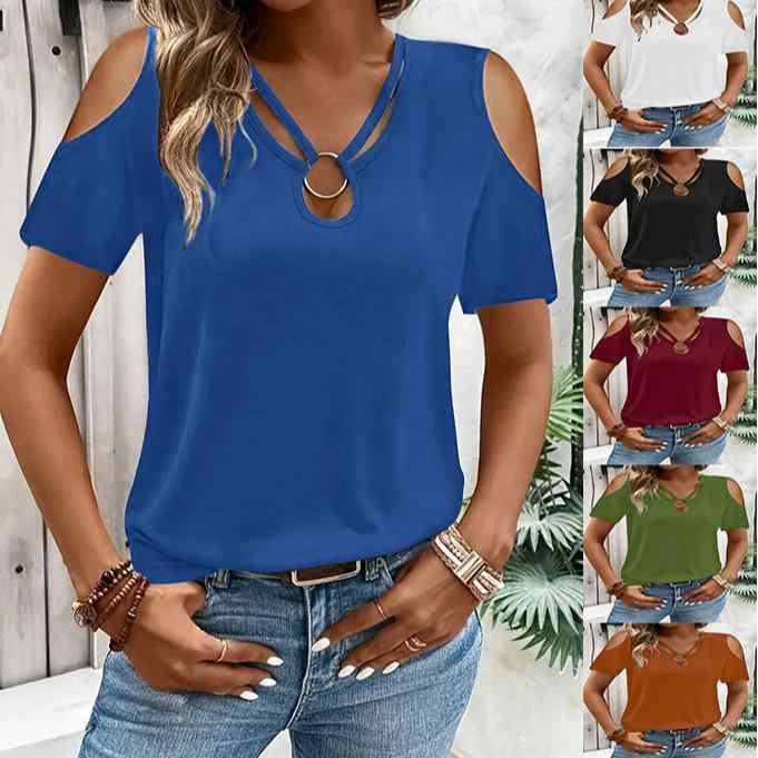 Tシャツ 女性用 春夏 短袖 トップス 純色 ゆったり Vネック 肩出し 切り替え クロスデザイン 修身シルエット 普通丈 ポリエステル スパンデックス 伸縮性 軽量 通勤 普段使い 街着 欧米風 気質 優雅 白色 ブラック ワインレッド ミリタリーグリ