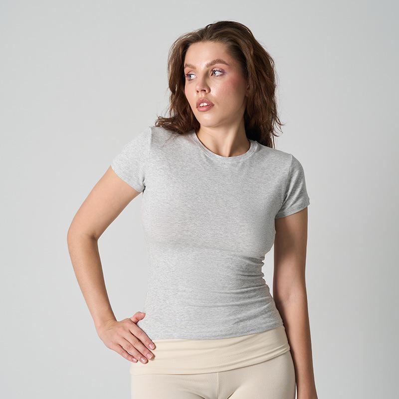 Tシャツ 女性用 コットン スパンデックス 短袖 丸首 修身 直筒 伸縮性 柔軟 接触冷感 吸湿速乾 通勤 普段使い 部屋着 ヨガ フィットネス トップス グレー ブラック アイボリー ブラウン グリーン ブルー