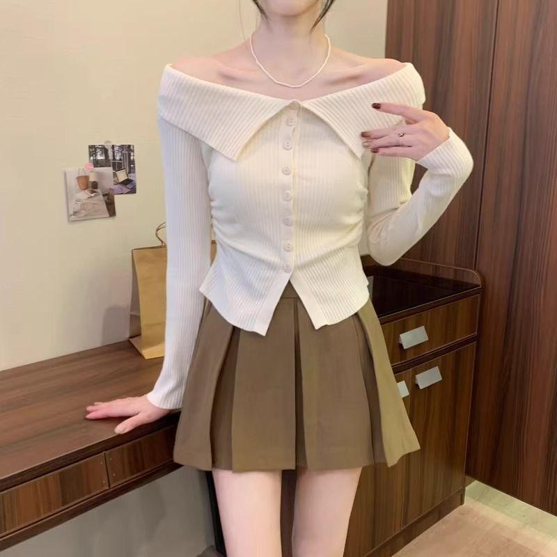 ニット トップス レディース 春夏 長袖 ワンショルダー 修身 デザイン 気質 通勤 かわいい 伸縮性 綿混 ミドルゲージ ブラック コーヒー ベージュ系 ホワイト セットインスリーブ クルーネック ミドル丈 シングルブレスト エレガント フレッシュ