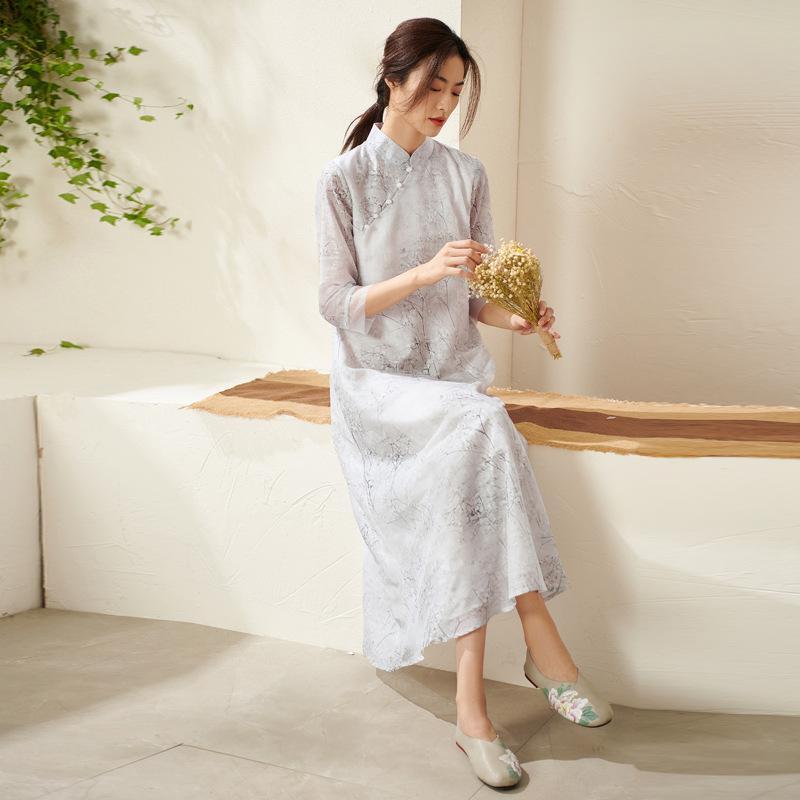ワンピース レディース 中国風 春夏 ロングドレス Aライン スタンドカラー 七分袖 ミドルウエスト プリント 提花雪紡 ポリエステル トリセテート 3D立体柄 復古 芸術的 民族風 基本款 単品 印染加工 画像色 吸湿速乾 通勤 普段使い 軽量 伸縮性