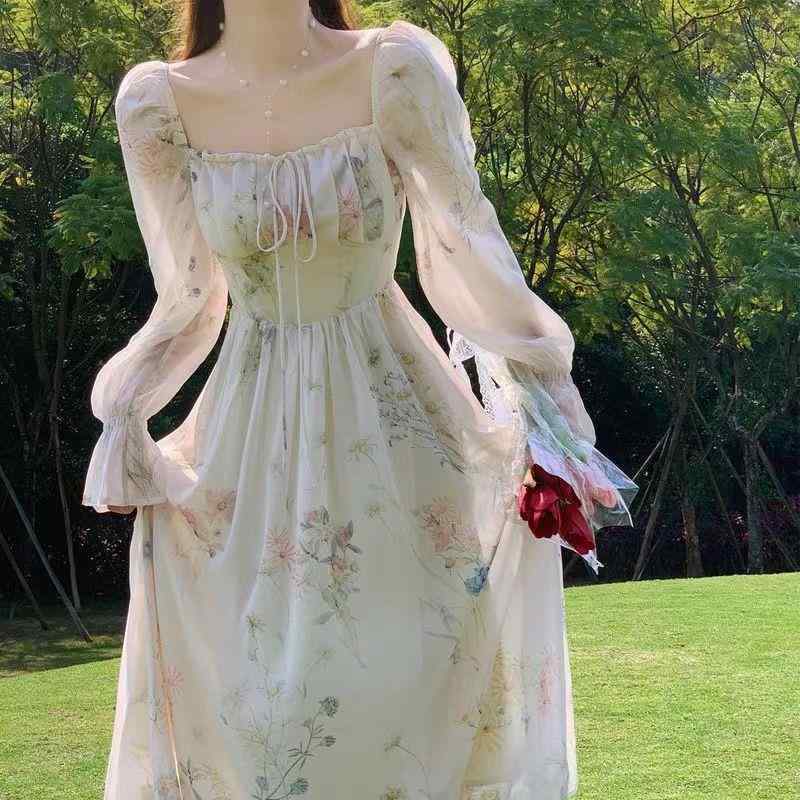 ワンピース 女性用 春夏 雪紡 フレッシュフラワー ロングスリーブ ロングドレス Aライン スカート 高腰 方領 フレッシュフラワー柄 切り替え デザイン 甘め スタイル 優しい 風 軽量 ポリエステル 素材 爽やか コーディネート