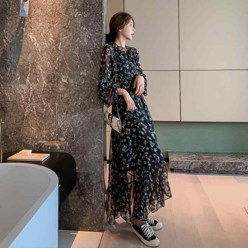 ワンピース 女性用 春夏 フレンチスタイル 過膝 ロング フレアスカート フラワー柄 プリント 黒 コットン風 ポリエステル 混紡 接触冷感 軽量 通勤 普段使い 気質 気質通勤 気質優雅 丸首 長袖 中腰 Aライン セットアップ 単品 基本スタイル セ