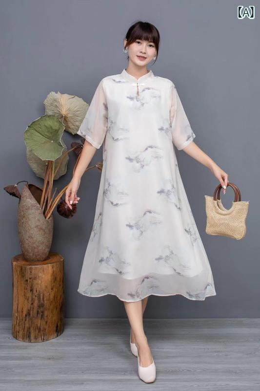ワンピース レディース 夏 民族風 復古 ゆったり スタンドカラー デジタルプリント ボタン シフォン Aライン 中長丈 五分袖 幾何柄 軽やか 涼しい 芸術的 ファッショナブル 気品 ゆったり腰 単品