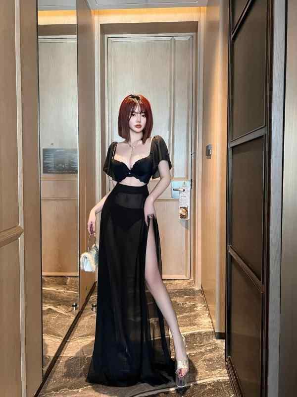 ワンピース 女性用 セクシー 透け感 Vネック 短袖 フレアスリーブ ロング丈 雪? 軽量 通気性 吸湿速乾 接触冷感 ブラック ホワイト 夏 春夏 スリムフィット ボディカバー ゆったりシルエット 私服 ナイトウェア インナードレス スカートセット