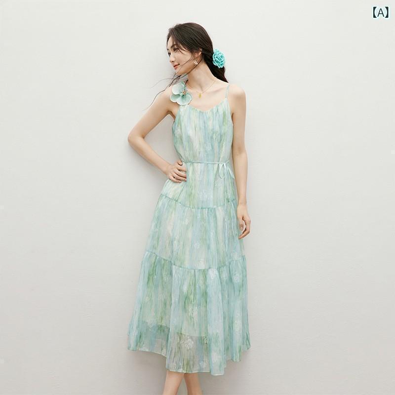 ワンピース レディース 夏 春夏 接触冷感 綿混 伸縮性 Aライン ロング丈 Vネック ノースリーブ ハイウエスト 切り替え 薄手 軽量 通勤用 普段使い かわいい 花柄 ミントグリーン モネガーデン 爽やか 女性用 トップス ドレス スカート 紡績生地