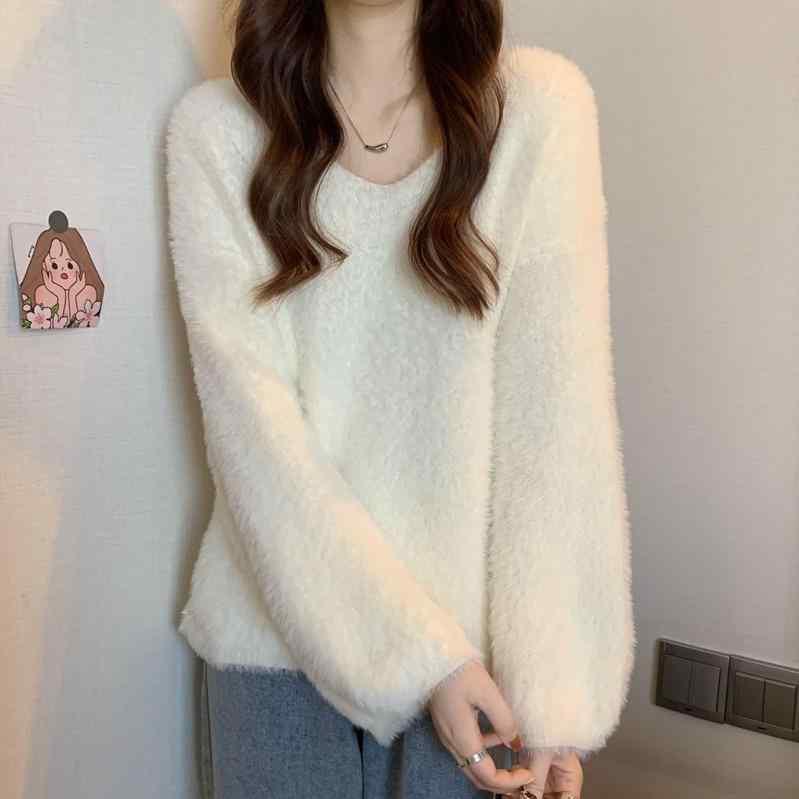 ニットセーター 女性用 秋冬 長袖 Vネック セットイン プルオーバー ゆったりシルエット 防水加工 毛皮風 厚手 ソフト 粘着繊維 ストレッチ ピンク 白 緑 カーキ 花柄 ベージュ 修身 私服 ミセス スタイル