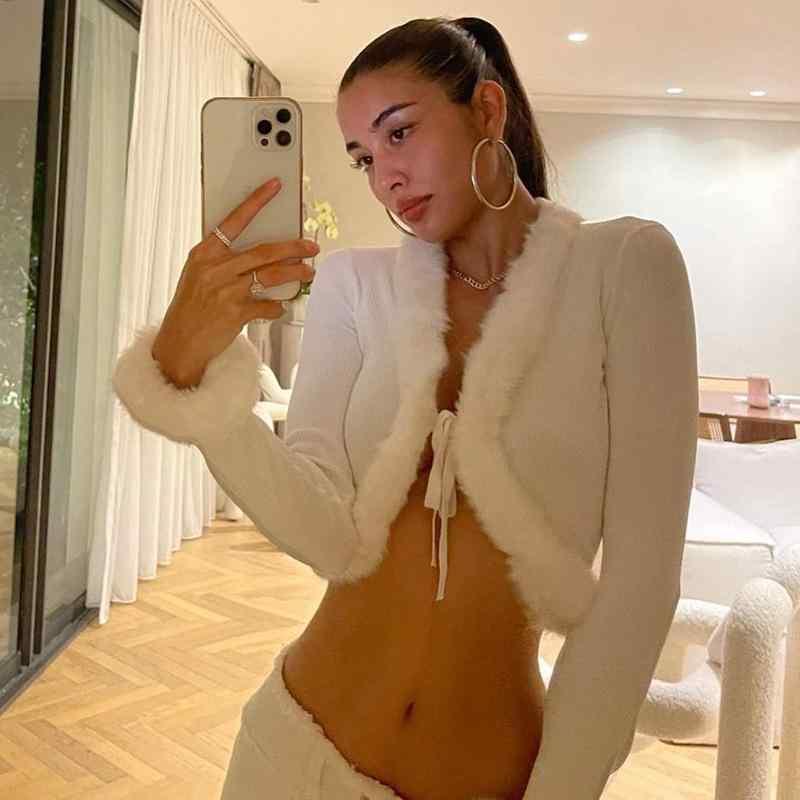レディース ニットカーディガン 秋冬 セクシー トップス 高級感 短袖 Vネック 修身 切り替え 開衫 長袖 露? 短丈 コットン混紡 ポリエステル 柔軟 純色 シングルブレスト ベルト付き スリムフィット 街頭スタイル 個性派 クロスオーバー ユース向