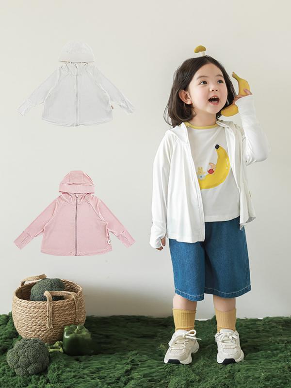 女児 トップス コート 子供服 女の子 夏季 春夏 長袖 フード付き ジッパー 韓国風 ゆったり 遮陽 薄手 柔らかい ナイロン 90% 本白 ピンク かわいい 普段使い 通園用 軽量 伸縮性 吸湿速乾 ベビー 幼児 中小児 100-140cm