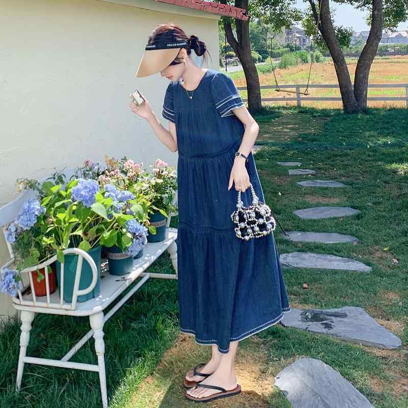 ワンピース 女性用 夏 デニム素材 接触冷感 Aライン ロング丈 ハイウエスト 丸首 短袖 ゆったりシルエット スリムライン 軽量 吸湿速乾 森ガール かわいい 爽やか ブルー カジュアル 普段使い 通勤 通学 伸縮性 高腰 ビッグシルエット セットアッ 8,828円