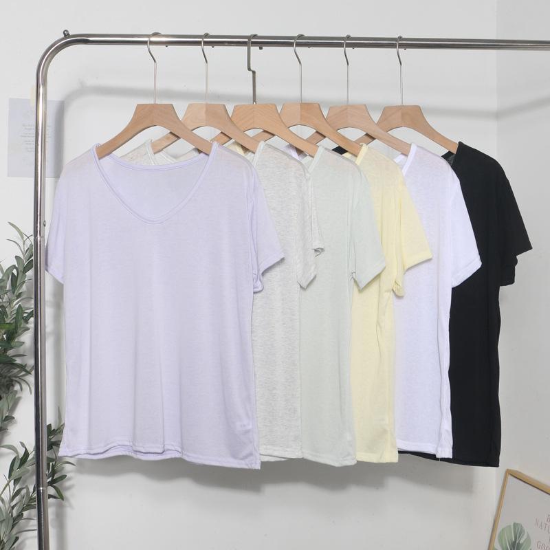 Tシャツ レディース 短袖 綿混 雪花パイル 接触冷感 軽量 薄手 純色 Vネック ゆったりシルエット 夏用 日韓カジュアル トップス ラベンダー系 グリーン系 グレー系 ホワイト ブラック イエロー